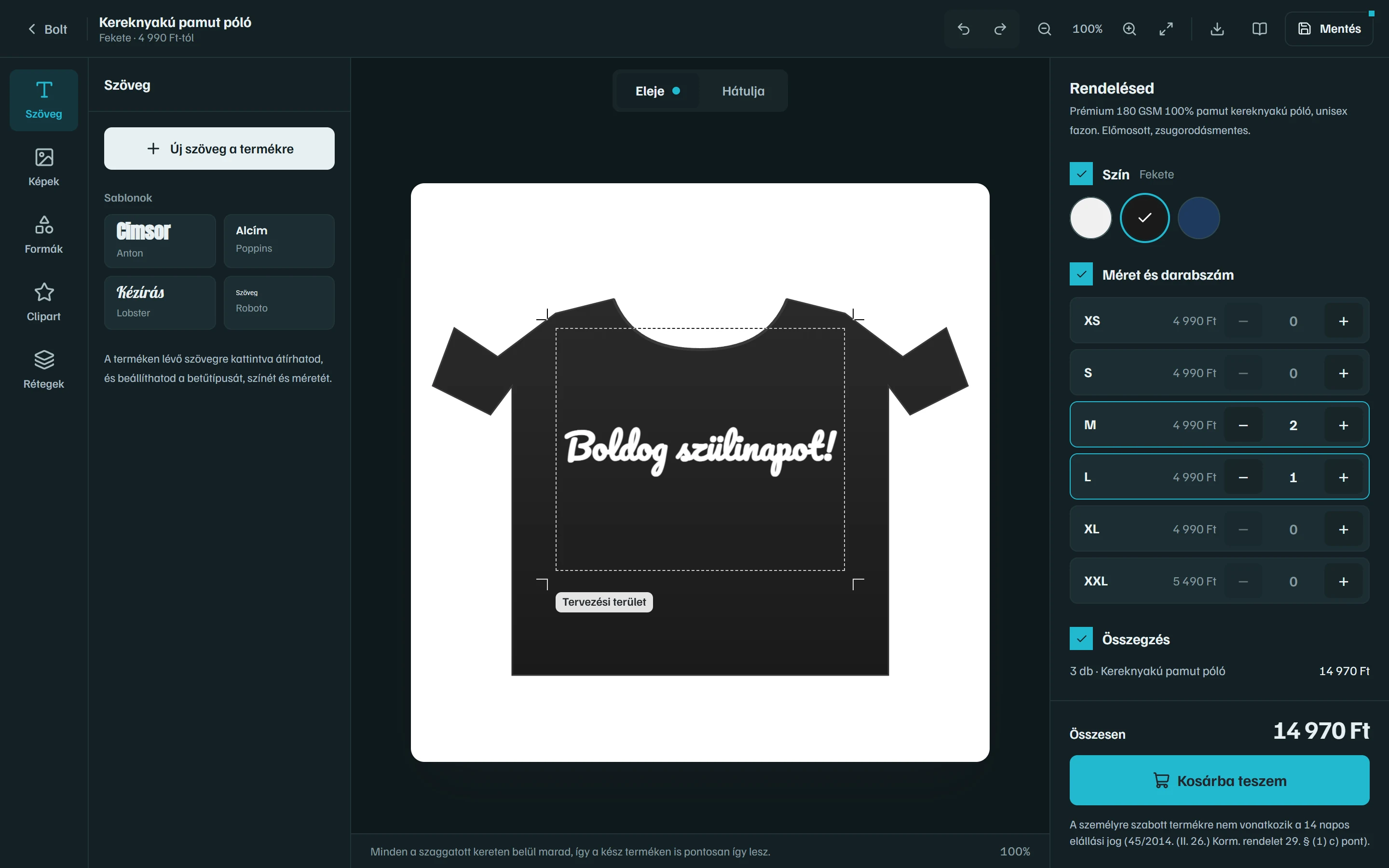A Design Studio App tervezője a(z) Óceán témában: fekete pólón fehér „Boldog szülinapot!” felirat, jobbra a méretek és a Kosárba teszem gomb.