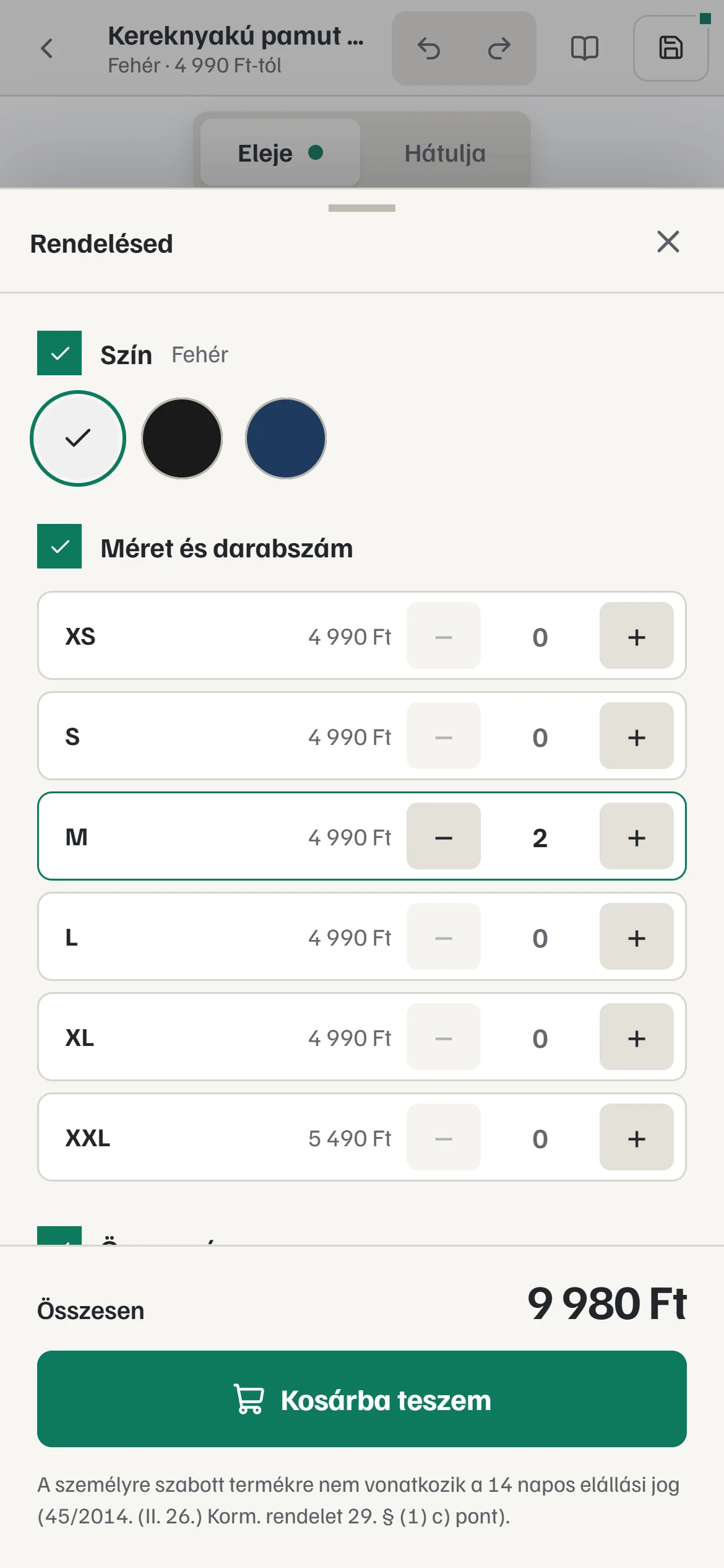 A rendelés telefonon: a póló színe, méretenkénti darabszám, összesen 9 980 Ft és a Kosárba teszem gomb.