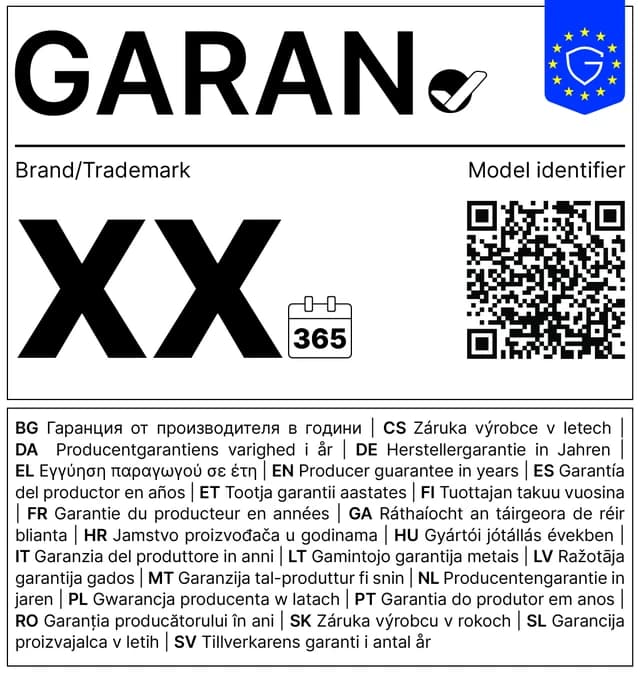 A teljes GARAN címke kitöltetlen sablonja: GARAN felirat pipával, EU-s pajzs, gyártónév és modellazonosító mező, XX év naptár-ikonnal, QR-kód, alatta a „gyártói jótállás években” felirat az EU összes nyelvén.